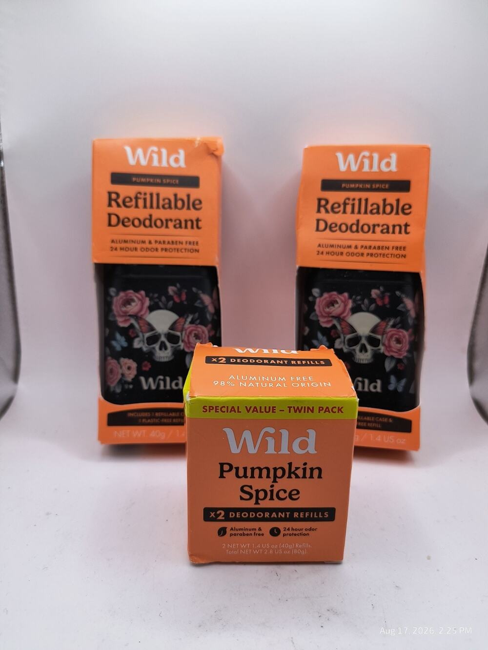 2 Wild Cosmetics Deodorant Pumpkin Spice + Refills (2) Refillable Containers